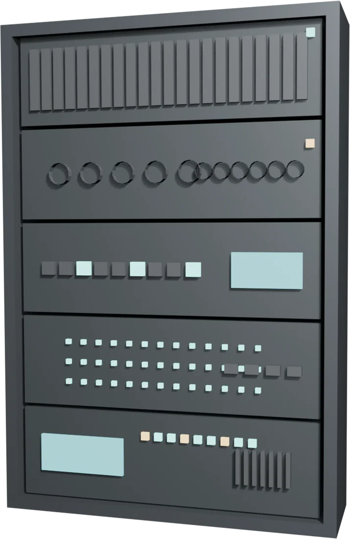 Custom render of an AV equipment rack — media server, LED processor, switcher and patch, stacked in one enclosure