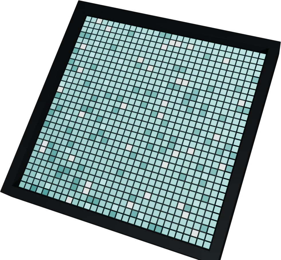 Close-up render of a modular LED cabinet — a dense matrix of pixels behind a machined metal frame